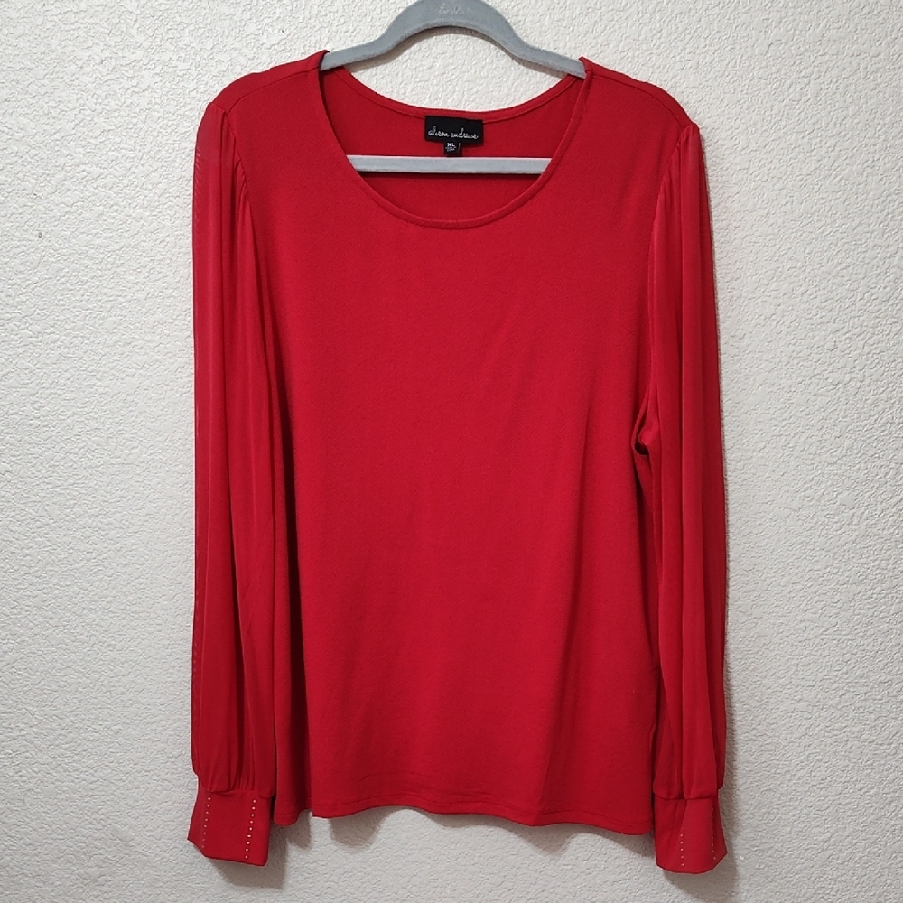 *Alison Andrews Sheer Sleeve Gold Studded Cuff Flowy Red Women's Blouse XL